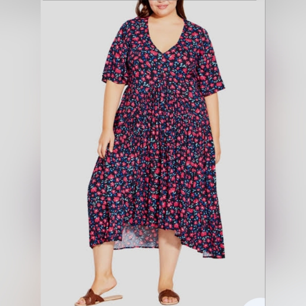 Avenue Val Print Wall Flower V-Neck Short Sleeve Dress Size 26W